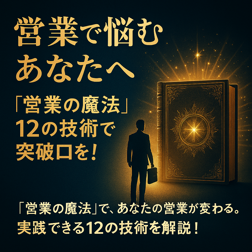 営業で悩む人向けに『営業の魔法』12の技術を紹介するブログ記事のアイキャッチ画像。暗い背景に光る魔法書と営業マンのシルエットが描かれ、希望と実践力を象徴している。